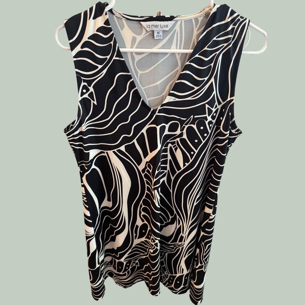 La Mer Luxe Womens Black White Abstract Tropical Leaf V-Neck Shift Dress Size M